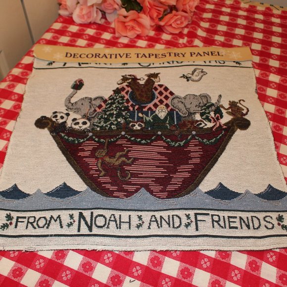 Tapestry Fabric Panel Merry Christmas From Noah & Friends 17.75" Sq Noahs Ark - Picture 1 of 12